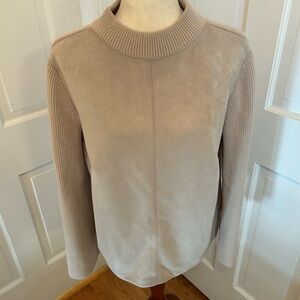 ANN‎ TAYLOR Faux Suede Mixed Media Sweater Tan Sz Large Ribbed Knit Mock Neck